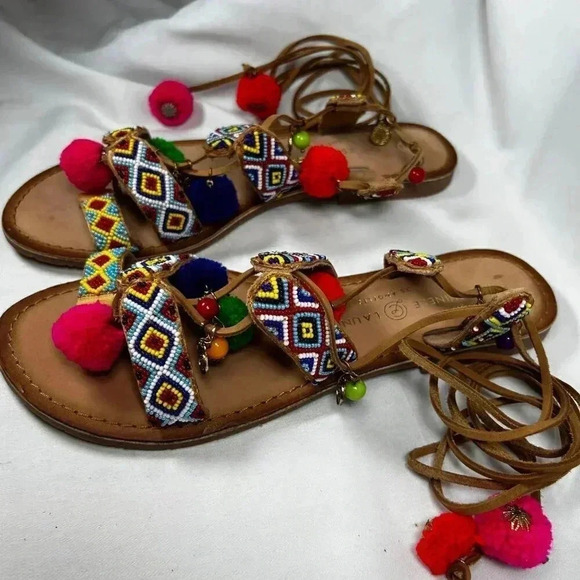 2/$30 Chinese Laundry Size 9.5 Sandals Beaded Pom Ankle Wrap Colorful Party - Picture 3 of 9